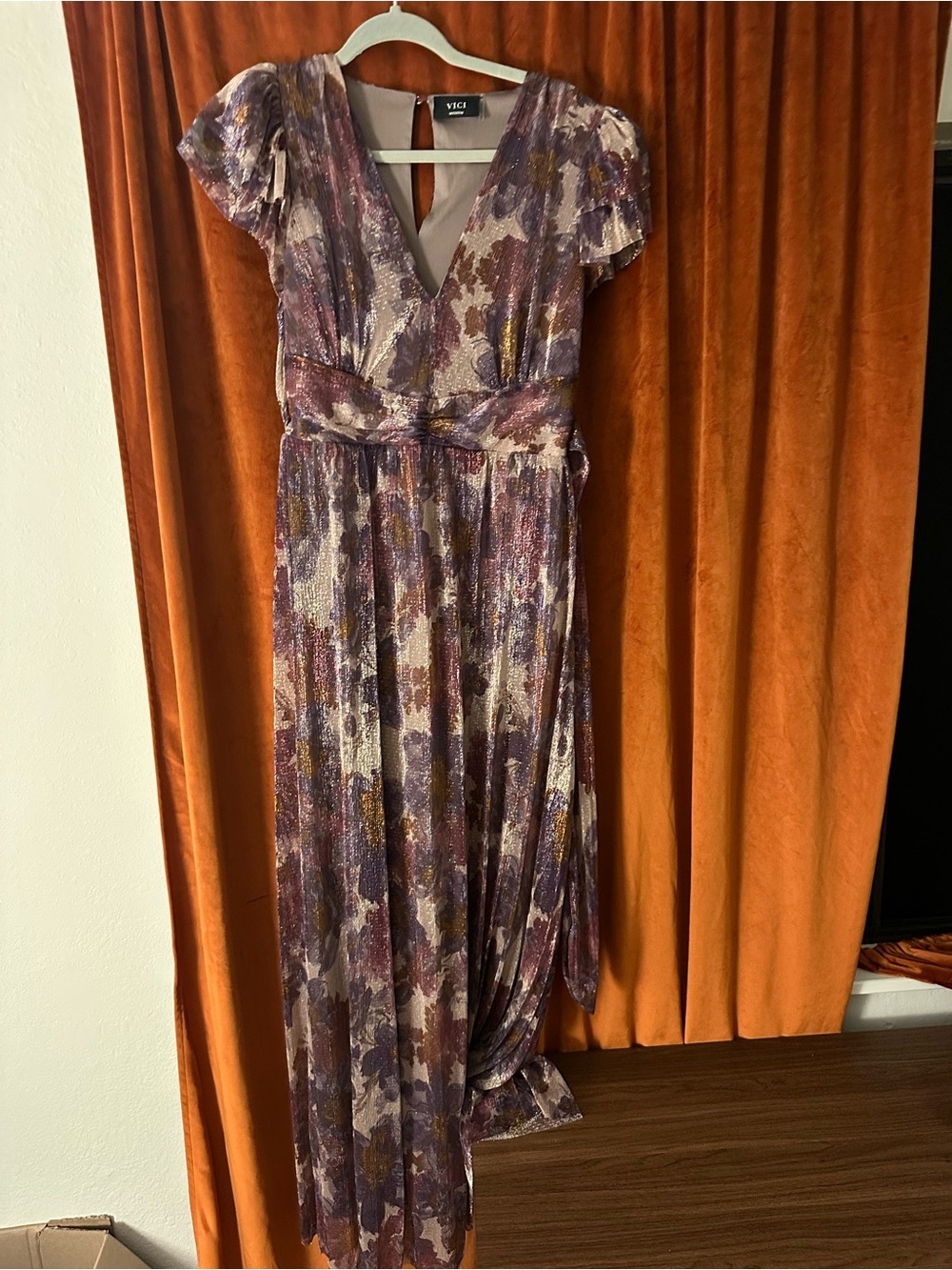 VICI Purple and Gold Metallic Floral V-Neck Maxi Dress size medium